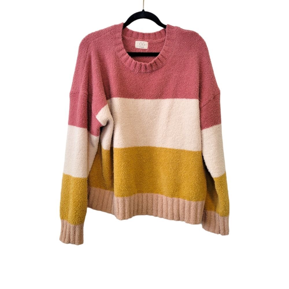 Thread & Supply Pink & Yellow Colorblock Stripe Fuzzy Sweater Size XL